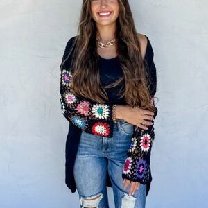 Blakely Black Women's Longline Open Cardigan Boho Sweater with Crochet Sleeve S